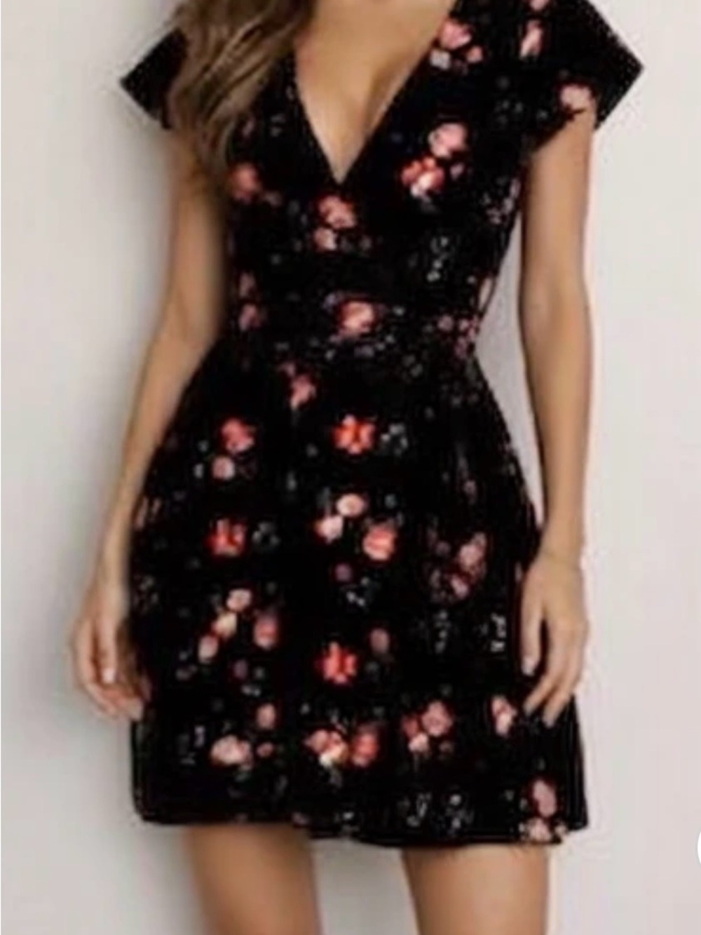 Divided Black Mini Dress with Pink Floral Print